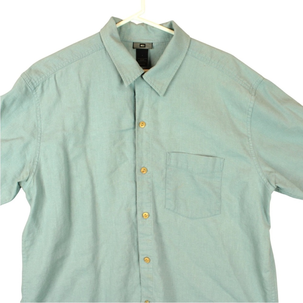 REI Short Sleeve Button Shirt Mens Large Green Front Pocket Outdoors Hemp Blend - Picture 5 of 11